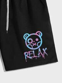 Manfinity Roghcode Men Bear & Letter Graphic Drawstring Waist Shorts - Black - View 3