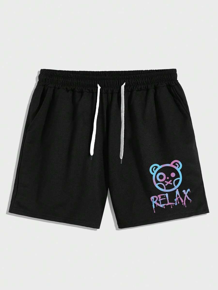 Manfinity Roghcode Men Bear & Letter Graphic Drawstring Waist Shorts - Black - View 1