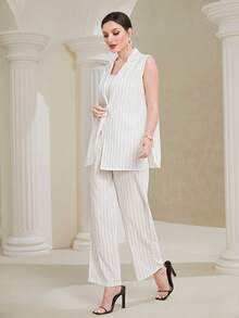 Modelyn 條紋印花馬甲西裝外套和褲子 - 白色 - 查看 4