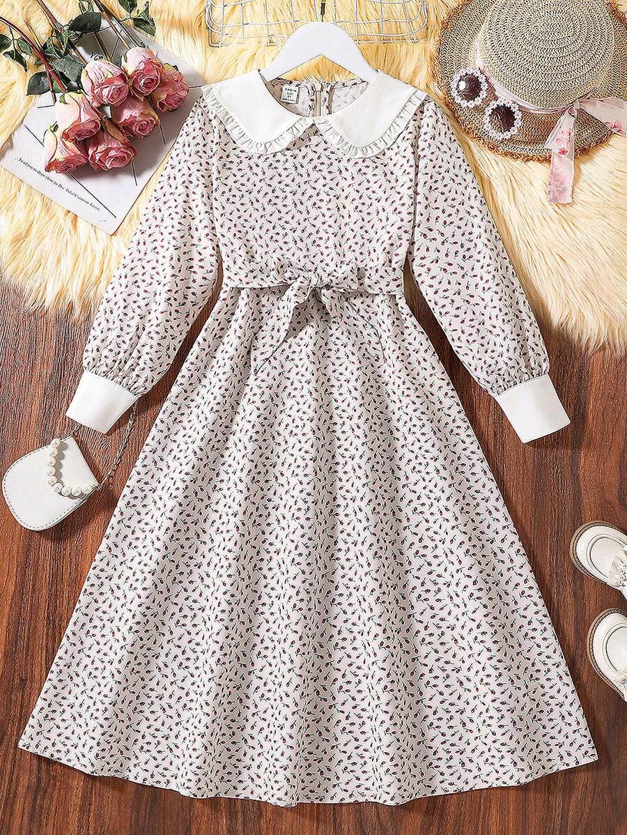 SHEIN 女大童碎花彼得潘領繫腰帶連衣裙 - 彩色 - 查看 1