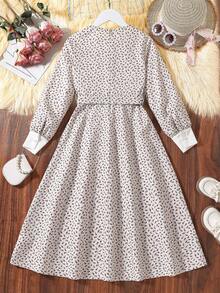 SHEIN 女大童碎花彼得潘領繫腰帶連衣裙 - 彩色 - 查看 2