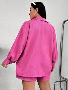 SHEIN EZwear Plus Drop Shoulder Pocket Patched Shirt & Shorts - Hot Pink - View 2