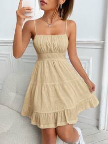 Muchica 素色胸部褶皺荷葉邊吊帶洋裝