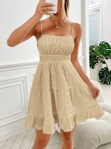 Muchica 素色胸部褶皺荷葉邊吊帶洋裝