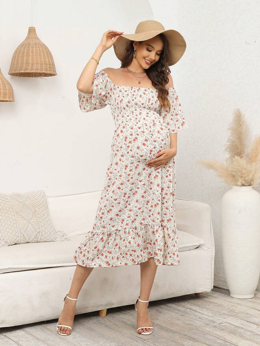 Maternity Ditsy Floral Print Off Shoulder Ruffle Hem Dress - Apricot - View 1