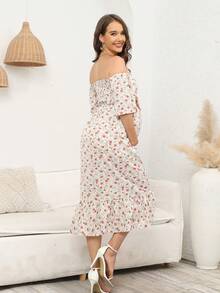 Maternity Ditsy Floral Print Off Shoulder Ruffle Hem Dress - Apricot - View 2