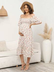 Maternity Ditsy Floral Print Off Shoulder Ruffle Hem Dress - Apricot - View 4