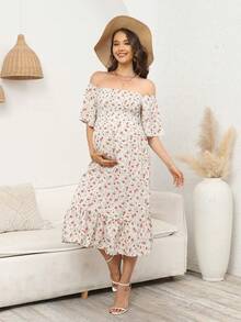 Maternity Ditsy Floral Print Off Shoulder Ruffle Hem Dress - Apricot - View 5