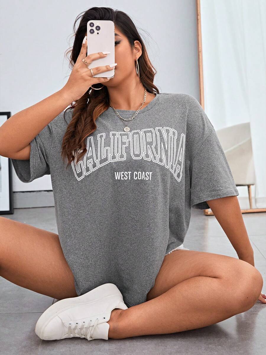 SHEIN EZwear Plus Letter Graphic Drop Shoulder Tee - Grey - View 1