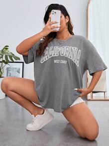 SHEIN EZwear Plus Letter Graphic Drop Shoulder Tee - Grey - View 4
