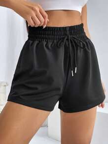 SHEIN EZwear Shorts deportivos de cintura con cordón unicolor - Negro - Ver 4
