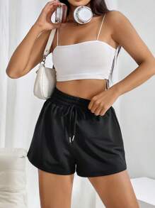 SHEIN EZwear Shorts deportivos de cintura con cordón unicolor - Negro - Ver 6