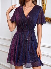 交疊領腰帶亮片連衣裙 - 藍色 - 查看 5