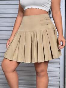 SHEIN EZwear 大碼素色百褶半身裙 - 卡其色 - 查看 5