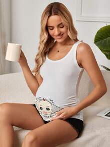 SHEIN Thai sản Đồ họa hoạt hình và khẩu hiệu Áo ba lỗ - trắng - Xem 4
