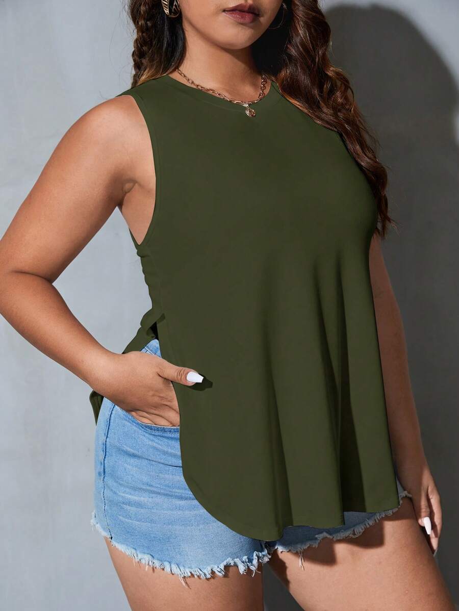 SHEIN Essnce Hơn Chất rắn Curved Hem Áo ba lỗ - xanh quân đội - Xem 1