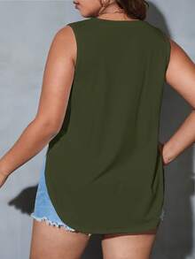 SHEIN Essnce Hơn Chất rắn Curved Hem Áo ba lỗ - xanh quân đội - Xem 2