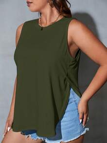 SHEIN Essnce Hơn Chất rắn Curved Hem Áo ba lỗ - xanh quân đội - Xem 3