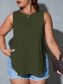 SHEIN Essnce Hơn Chất rắn Curved Hem Áo ba lỗ - xanh quân đội - Xem 4