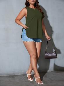 SHEIN Essnce Hơn Chất rắn Curved Hem Áo ba lỗ - xanh quân đội - Xem 5