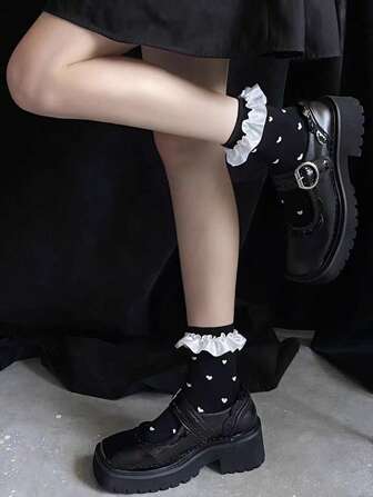 Goth 1pair Women Heart Pattern Frill Crew Socks