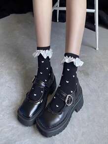 ROMWE Goth 1pair Women Heart Pattern Frill Crew Socks - Black - View 4