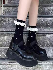 ROMWE Goth 1pair Women Heart Pattern Frill Crew Socks - Black - View 5