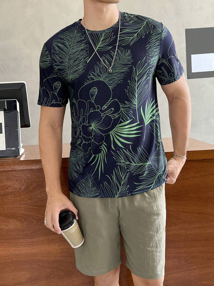 GENTILAND 男士熱帶圖案T恤和短褲 - 彩色 - 查看 1