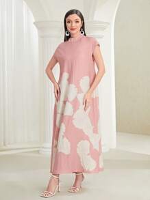 Al Najma Robe Imprimé Feuille À Col Montant Manches Chauve-Souris