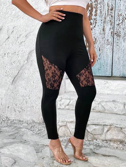 SHEIN Privé 大碼蕾絲拼接緊身打底褲