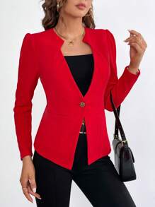 SHEIN Clasi Solid Single Button Blazer - Red - View 3