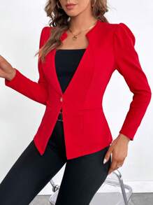 SHEIN Clasi Solid Single Button Blazer - Red - View 4