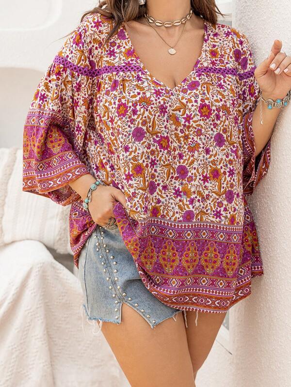 Women's Plus Size Rose Red Floral Print V-Neck Long-Sleeved Loose Top Boho Easter Beach Outfits Hawaii Coachella Music Festival Tropical Vacation