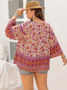 Áo nữ cỡ lớn in hoa màu đỏ hồng, cổ chữ V, tay dài, dáng rộng, phong cách Boho, thích hợp cho lễ Phục sinh, đi biển, lễ hội âm nhạc Hawaii, kỳ nghỉ nhiệt đới, màu hồng xuân. - Hồng - Xem 2