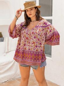 Áo nữ cỡ lớn in hoa màu đỏ hồng, cổ chữ V, tay dài, dáng rộng, phong cách Boho, thích hợp cho lễ Phục sinh, đi biển, lễ hội âm nhạc Hawaii, kỳ nghỉ nhiệt đới, màu hồng xuân. - Hồng - Xem 4