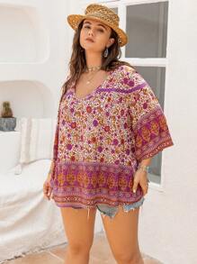 Áo nữ cỡ lớn in hoa màu đỏ hồng, cổ chữ V, tay dài, dáng rộng, phong cách Boho, thích hợp cho lễ Phục sinh, đi biển, lễ hội âm nhạc Hawaii, kỳ nghỉ nhiệt đới, màu hồng xuân. - Hồng - Xem 5