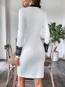 SHEIN Clasi Contrast Guipure Lace Zip Up Bodycon Dress - White - View 4