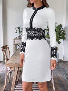 SHEIN Clasi Contrast Guipure Lace Zip Up Bodycon Dress - White - View 2