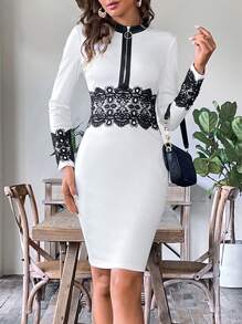SHEIN Clasi Contrast Guipure Lace Zip Up Bodycon Dress - White - View 1