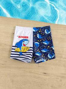 男小童卡通鯊魚&條紋印花泳褲