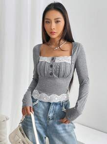 SHEIN Qutie Contrast Lace Ruched Bust Square Neck Tee - Grey - View 1