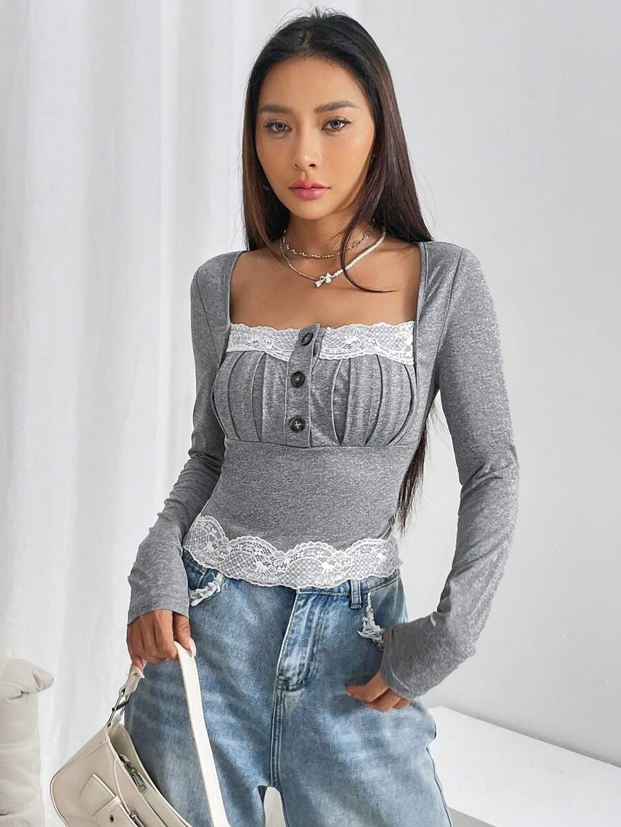 SHEIN Qutie Contrast Lace Ruched Bust Square Neck Tee - Grey - View 1
