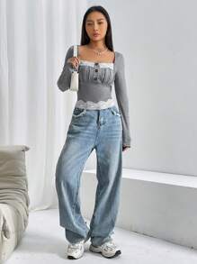 SHEIN Qutie Contrast Lace Ruched Bust Square Neck Tee - Grey - View 6