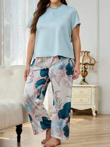 Plus Floral Print PJ Set / Pajama Set - Multicolor - View 6