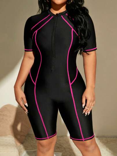 Swim SPRTY ملابس سباحة قطعة واحدة شريط متباين سستة امامي مقاس كبير