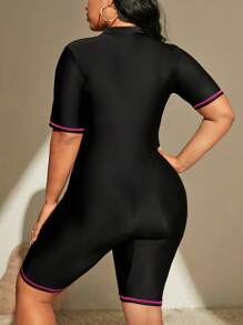 Swim SPRTY Summer Beach Plus Contrast Binding Zipper Front One Piece Swimsuit