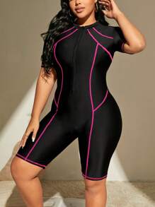 Swim SPRTY Summer Beach Plus Contrast Binding Zipper Front One Piece Swimsuit