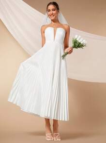 SHEIN Belle Pleated Hem Tube Wedding White Elegant Bridal Dress, Bridal Shower Dress White Dress,Bride - White - View 3