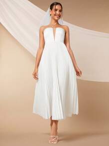 SHEIN Belle Pleated Hem Tube Wedding White Elegant Bridal Dress, Bridal Shower Dress White Dress,Bride - White - View 4