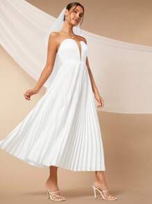 SHEIN Belle Pleated Hem Tube Wedding White Elegant Bridal Dress, Bridal Shower Dress White Dress,Bride - White - View 5